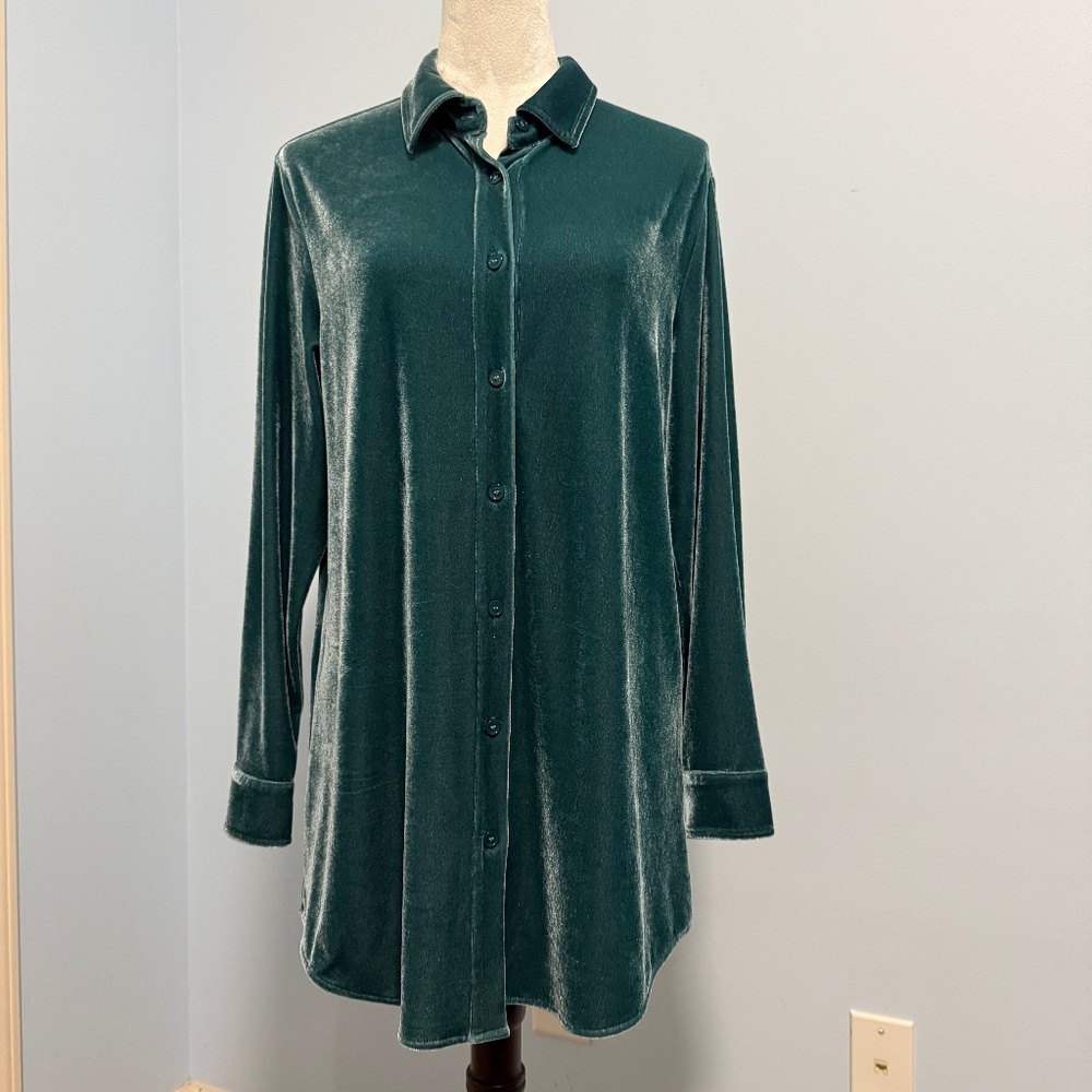 Soft Surroundings  Velvet Boyfriend Teal Tunic Shirt Size‎ S